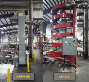 Case Lift replaced by Spiral Conveyor - before and after.